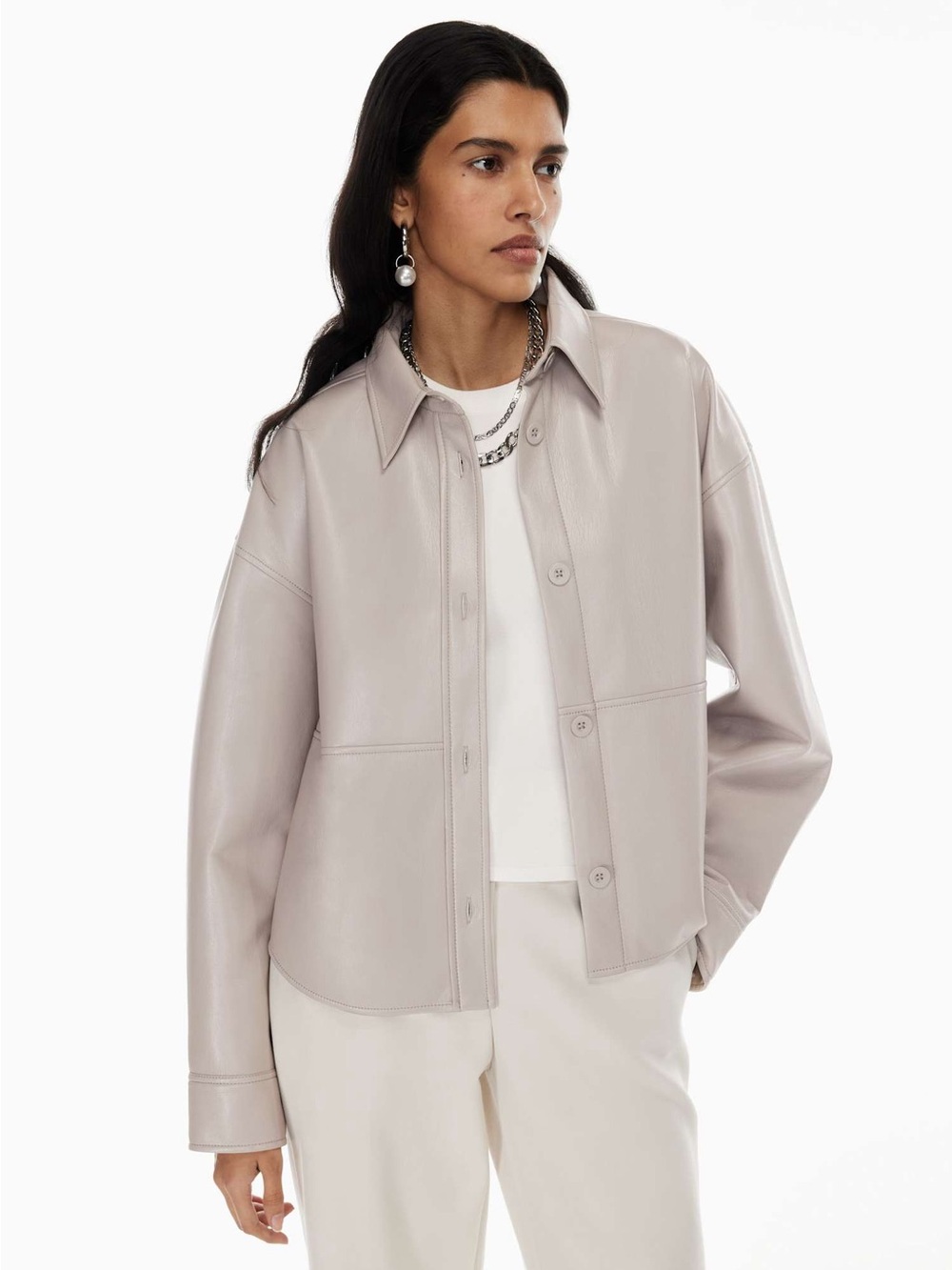 Aritzia Women's Light Taupe Faux-Leather Button Shirt Jacket